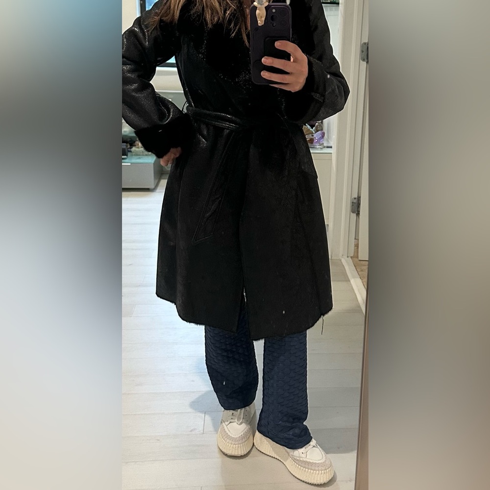 Hawke & Co Black Trench Coat Faux Fur Collar size Small - Picture 10 of 11